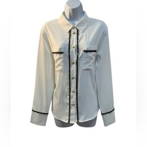 Ellen Tracy White/Black Satin Tweed Trim Blouse